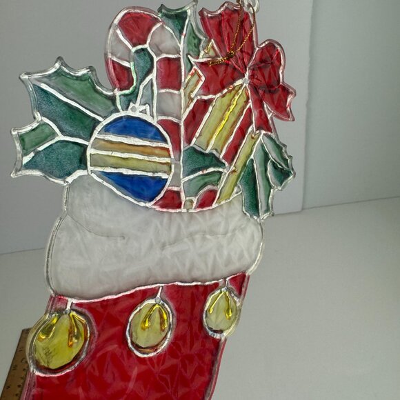 Vtg Plastic Suncatcher Christmas Holiday Red w Gold Stocking 10 inch Gift Co Inc - Picture 6 of 10